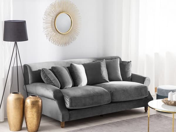 Sofa Grå Fløyel Polstret Lyst tre 2-seter med 6 puter Retro Klassisk design Stue