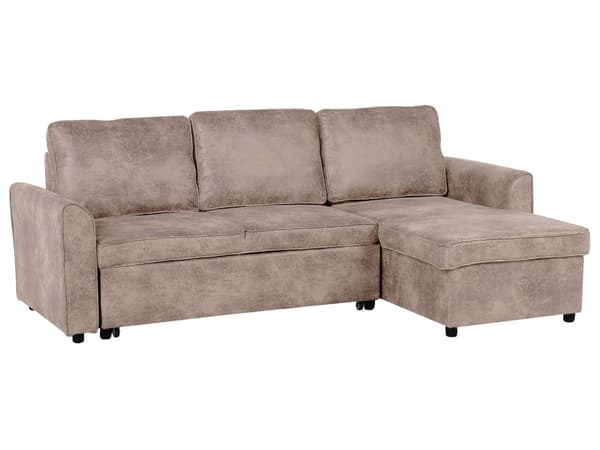 Hjørnesovesofa i brunt kunstskinn med venstrevendt polstring og oppbevaringsseng