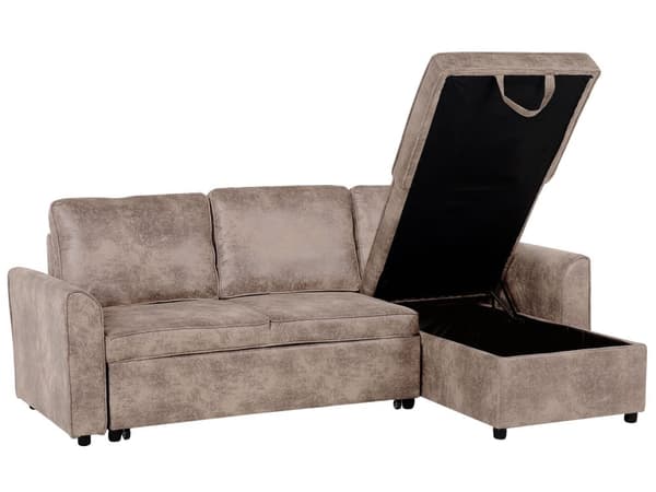 Hjørnesovesofa i brunt kunstskinn med venstrevendt polstring og oppbevaringsseng