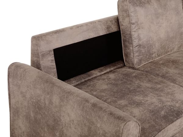 Hjørnesovesofa i brunt kunstskinn med venstrevendt polstring og oppbevaringsseng