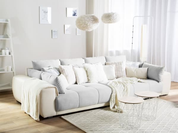 Sofa Grå Beige Stoff 4-seter Metallben 8 puter Moderne design Stue