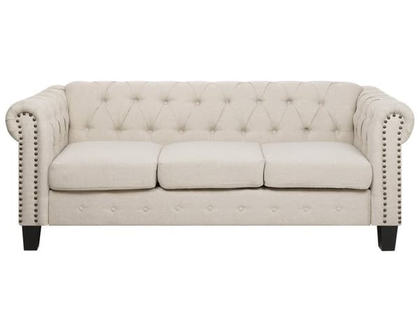 Chesterfield Sofa Beige Stoff Møbeltrekk Mørkt Tre Ben 3-seters Spikerhodedekor