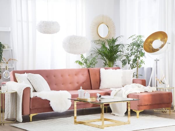 Hjørnesofa Rosa Fløyel 4-seter L-form Høyrevendt sjeselong Justerbar rygg Sovefunksjon Moderne design Modulær