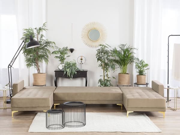 Hjørnesofa Beige Fløyel Moderne U-formet Modulær 5-seter med sjeselonger