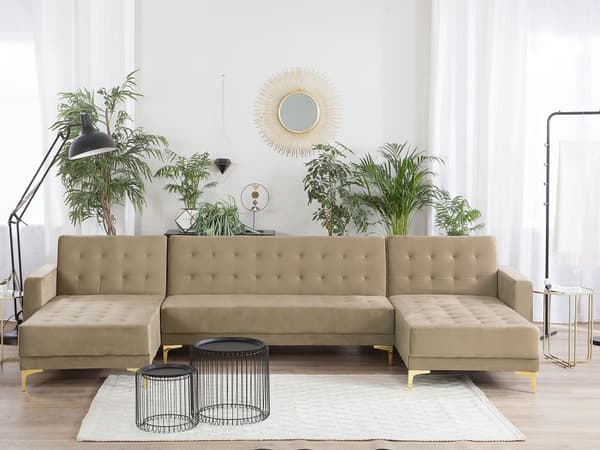 Hjørnesofa Beige Fløyel Moderne U-formet Modulær 5-seter med sjeselonger