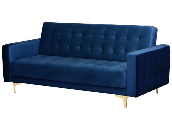 Sofagruppe Marineblå Fløyel 3-seters sovesofa 2 lenestoler Justerbar rygg Sovefunksjon Metallben Dekorative knapper Moderne design Stue