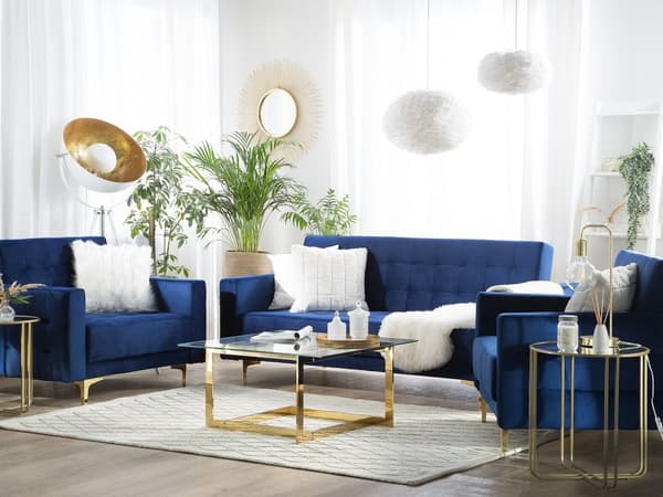 Sofagruppe Marineblå Fløyel 3-seters sovesofa 2 lenestoler Justerbar rygg Sovefunksjon Metallben Dekorative knapper Moderne design Stue