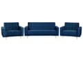 Miniatyrbilde 1 av 11: Sofagruppe Marineblå Fløyel 3-seters sovesofa 2 lenestoler Justerbar rygg Sovefunksjon Metallben Dekorative knapper Moderne design Stue