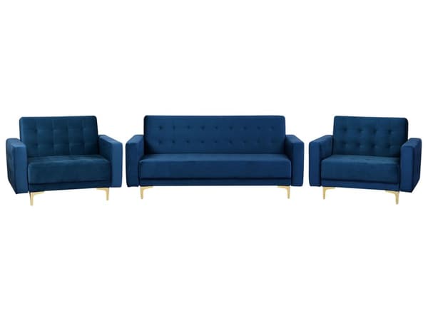 Sofagruppe Marineblå Fløyel 3-seters sovesofa 2 lenestoler Justerbar rygg Sovefunksjon Metallben Dekorative knapper Moderne design Stue