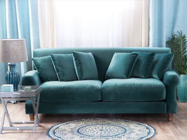 Sofa Blå Fløyel Polstret Lyst tre 2-seter med 6 puter Retro Klassisk design Stue
