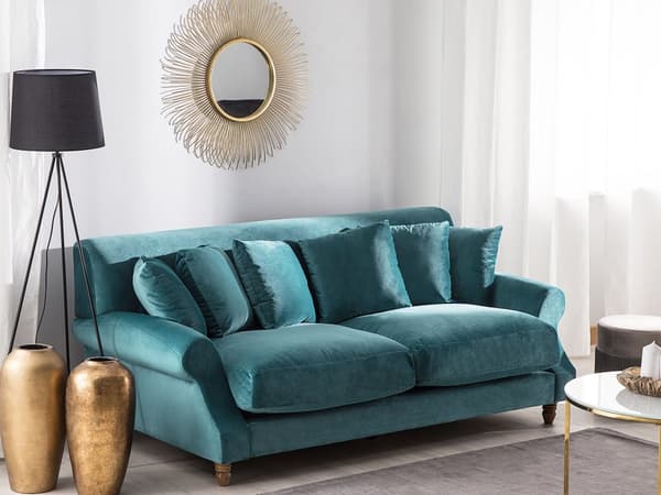 Sofa Blå Fløyel Polstret Lyst tre 2-seter med 6 puter Retro Klassisk design Stue