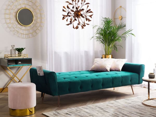 Sovesofa Grønn Fløyel 3-seter Metallben Polstret Rygg Tuftet Moderne