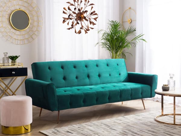 Sovesofa Grønn Fløyel 3-seter Metallben Polstret Rygg Tuftet Moderne