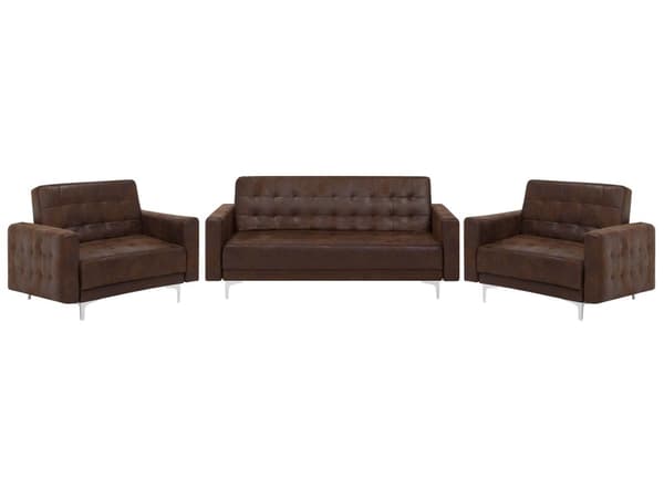 Sofagruppe Brun Imitert skinn 3-seters sovesofa 2 lenestoler Justerbar rygg Sovefunksjon Metallben Dekorative knapper Moderne design Stue