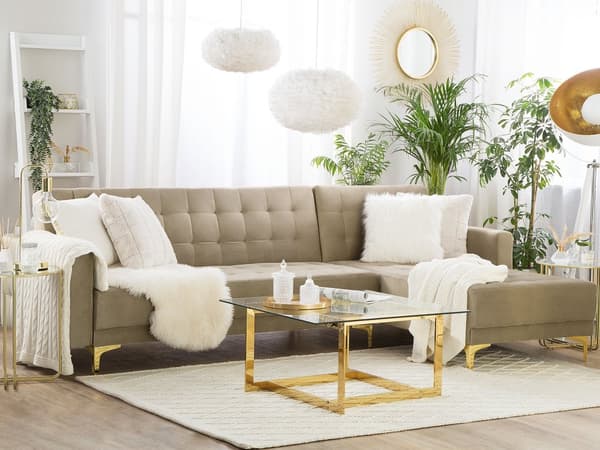 Hjørnesofa Beige Fløyel Stoff Moderne L-formet Modulær 4-seter Sjeselong Venstrevendt
