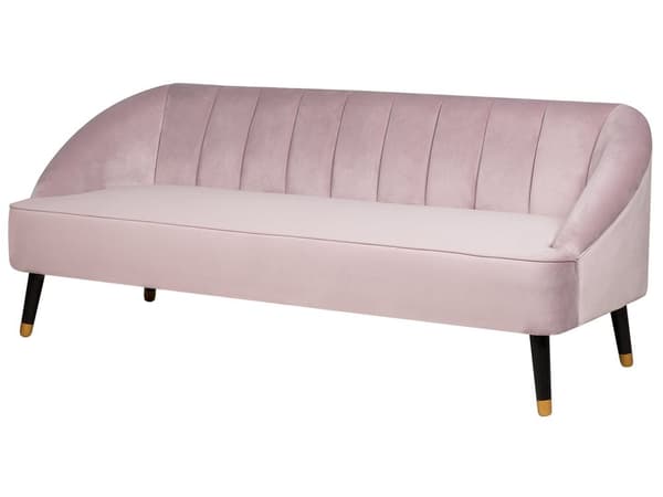 Sofa Rosa Fløyelssofa med 3 seter Kanalrygg og Innfelte Armer Ben i Tre Elegant Design