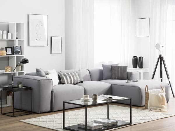 Venstre Hjørnesofa Lysegrå 3-seter Polyestertrekk Ekstra Spredte Puter Moderne Stil