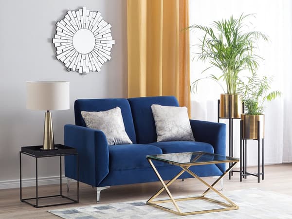 Sofa Blå Stoff Sølv Ben 2-seter Loveseat Glamour Moderne Retro Metallben