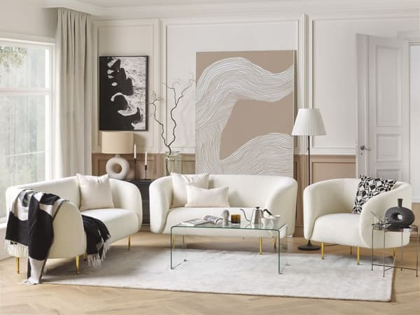 2-seters Sofa Hvit Boucle Stoff Myk Gull Ren Retro Glam Kunst Art Decor Stil