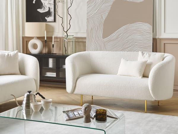 2-seters Sofa Hvit Boucle Stoff Myk Gull Ren Retro Glam Kunst Art Decor Stil