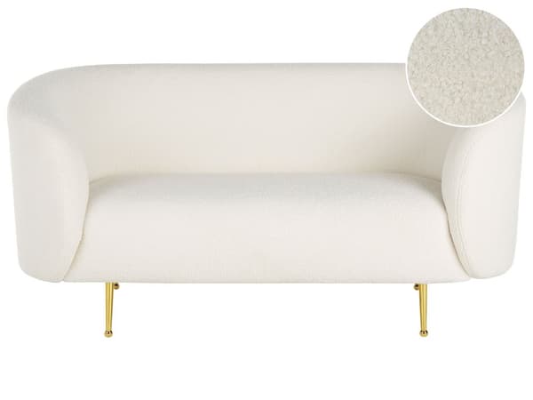 2-seters Sofa Hvit Boucle Stoff Myk Gull Ren Retro Glam Kunst Art Decor Stil