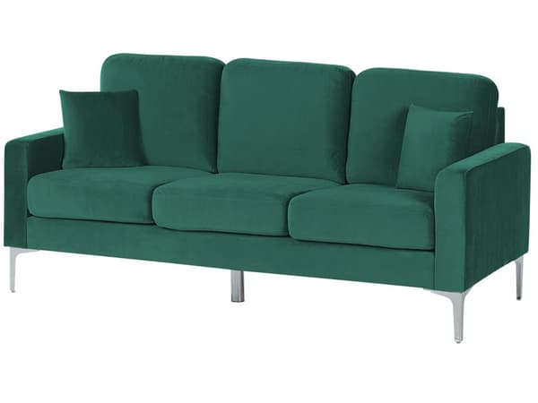 Sofa 3-seters grønn fløyel sølv ben ekstra puter retrodesign