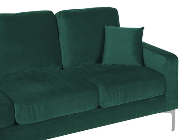 Sofa 3-seters grønn fløyel sølv ben ekstra puter retrodesign