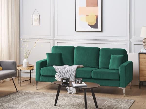 Sofa 3-seters grønn fløyel sølv ben ekstra puter retrodesign