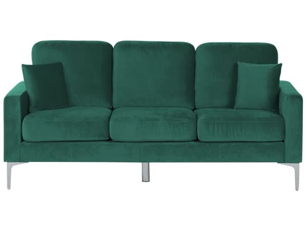 Sofa 3-seters grønn fløyel sølv ben ekstra puter retrodesign