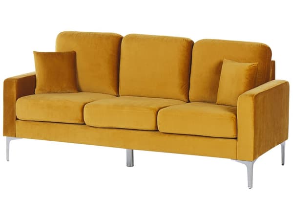 Sofa 3-seters gul fløyel sølv ben ekstra puter retrodesign