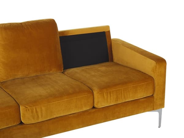 Sofa 3-seters gul fløyel sølv ben ekstra puter retrodesign