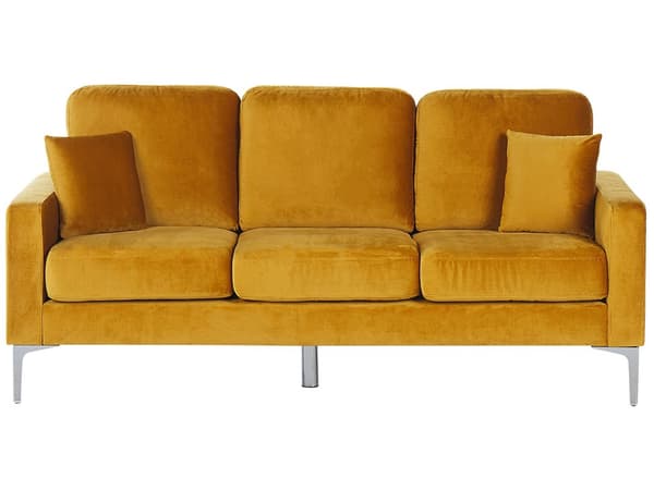 Sofa 3-seters gul fløyel sølv ben ekstra puter retrodesign