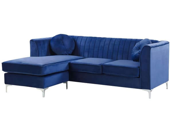 Hjørnesofa i Blå Fløyel med Puter 3 Personer Høyrevendt Glamour