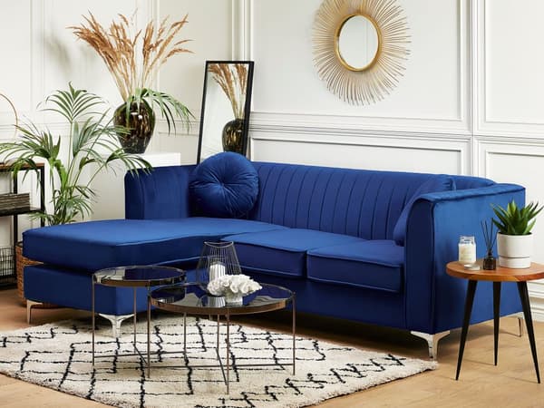 Hjørnesofa i Blå Fløyel med Puter 3 Personer Høyrevendt Glamour