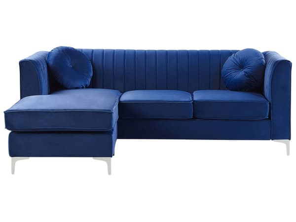 Hjørnesofa i Blå Fløyel med Puter 3 Personer Høyrevendt Glamour