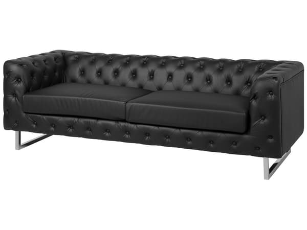 3-seters Sofa Chesterfield-Stil Svart Smokingarm Knappet Rygg Sølvben Kunstlær