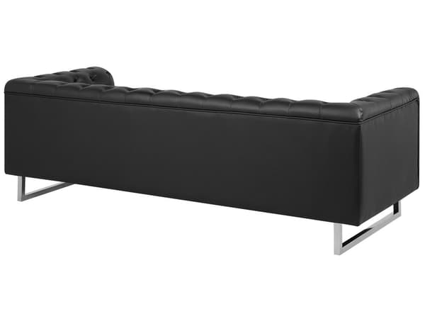 3-seters Sofa Chesterfield-Stil Svart Smokingarm Knappet Rygg Sølvben Kunstlær