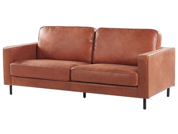 3-seters Sofa Gullbrunt Kunstskinn Retro Stue Aksentstol Svarte ben Skinnarm