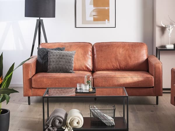 3-seters Sofa Gullbrunt Kunstskinn Retro Stue Aksentstol Svarte ben Skinnarm
