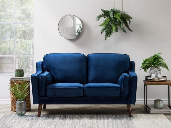 Sofa Blå 2-seter Fløyel Ben Eiketre Klassisk Stue fra midten av århundret