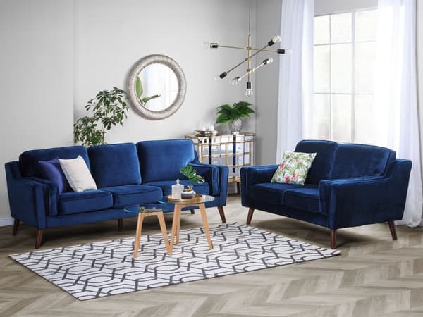 Sofa Blå 3-seter Fløyel Ben Eiketre Klassisk Stue fra midten av århundret