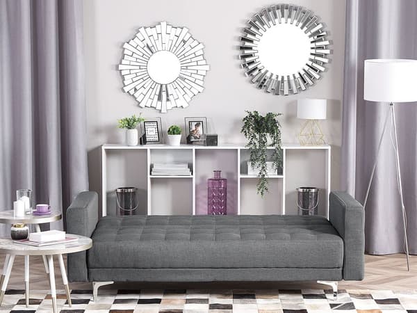 Sovesofa Grå Stoff 3-seter Metallben Dekorative knapper Justerbar rygg Moderne design Stue Sofa