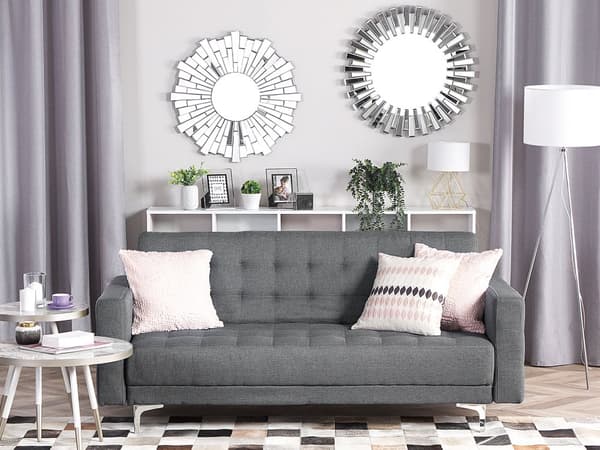 Sovesofa Grå Stoff 3-seter Metallben Dekorative knapper Justerbar rygg Moderne design Stue Sofa