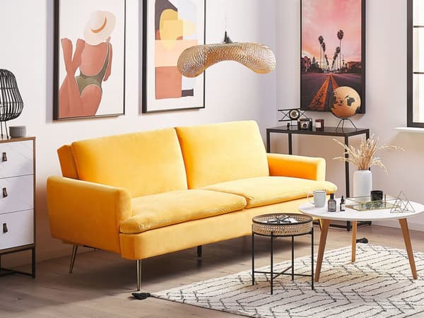 Sovesofa Gul Fløyel 3-seter Gullfargede metallben Klikk-klakk-mekanisme Moderne Glamorøs Sofa Stue