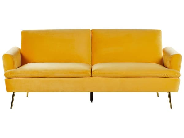 Sovesofa Gul Fløyel 3-seter Gullfargede metallben Klikk-klakk-mekanisme Moderne Glamorøs Sofa Stue