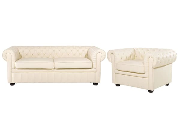 Chesterfield Stuesett Kremfarget Skinntrekk Mørkt Tre 3-seters Sofa + Lenestol