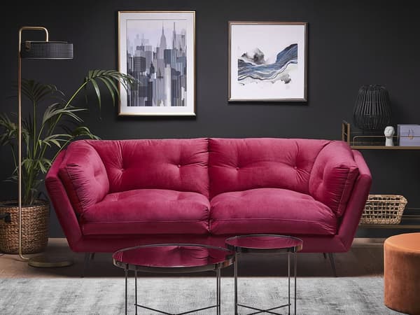 Sofa Burgunder Fløyel Metallben 210 x 90 cm med puter Retro