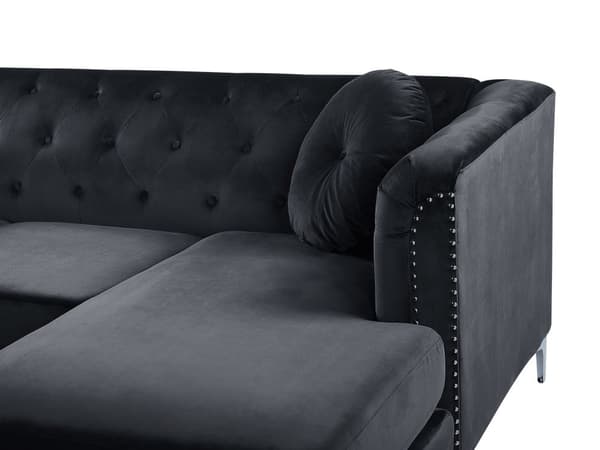 Hjørnesofa Svart Fløyel Polstret 3-seters Høyre L-formet Glamour Ekstra puter med tufting og spikerhode