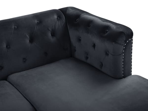 Hjørnesofa Svart Fløyel Polstret 3-seters Høyre L-formet Glamour Ekstra puter med tufting og spikerhode