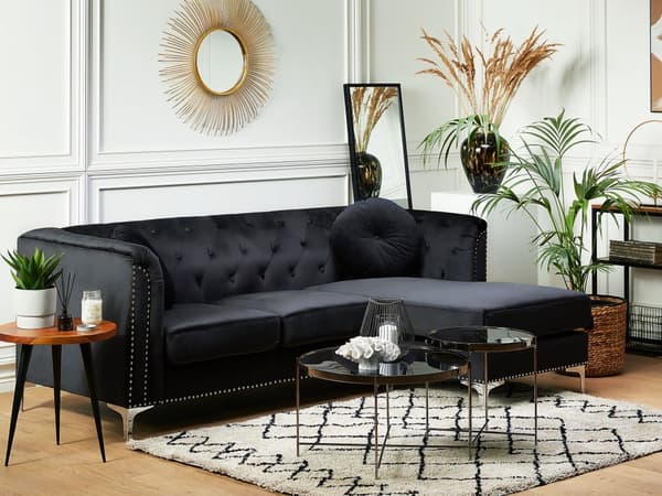 Hjørnesofa Svart Fløyel Polstret 3-seters Høyre L-formet Glamour Ekstra puter med tufting og spikerhode